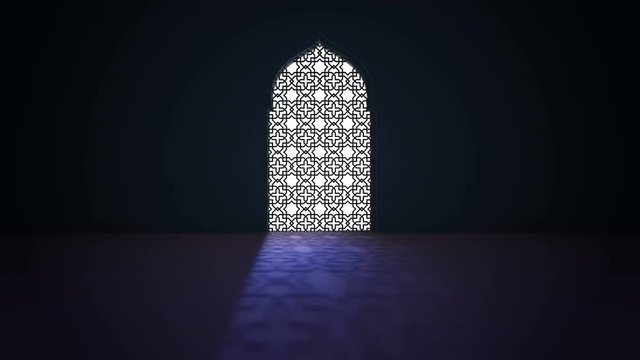 Islamic interior mosque window or door with beam of ray light coming inside . Ramadan Kareem islamic motion background. 3d animation.