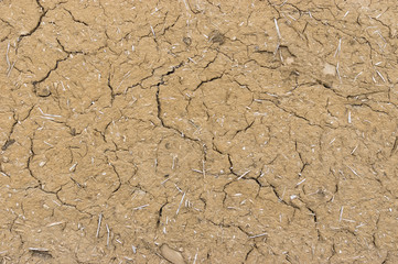 Cracked wall of ancient wattle and daub house in Ukraine