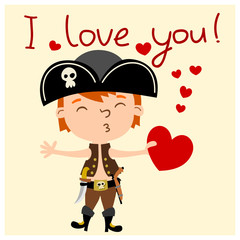 Funny pirate in cartoon style with heart in hands, text I love you - Valentines day card.