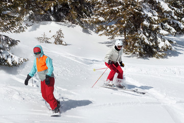 Skiers and snowboarders riding on a ski resort on snowy winter mountain with fir-tree background scenic view. Blue sky