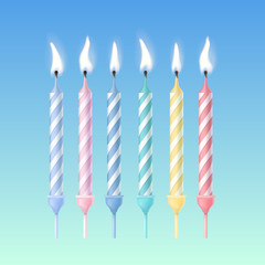 Set of Birthday candles with burning flames. Realistic vector illustration. 