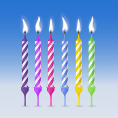 Set of colorful Birthday candles with burning flames. Realistic vector illustration. 