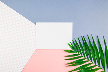 Palm leaves blank paper postcard mockup