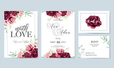beautiful watercolor floral leaves wedding invitation card template