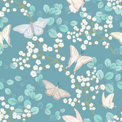 seamless pattern with butterflies and white flowers