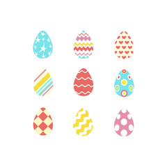 Set of colorful happy easter eggs silhouettes on white background with different ornaments and texture. Egg icons in coral, yellow, turquoise, pink colours. Vector illustration