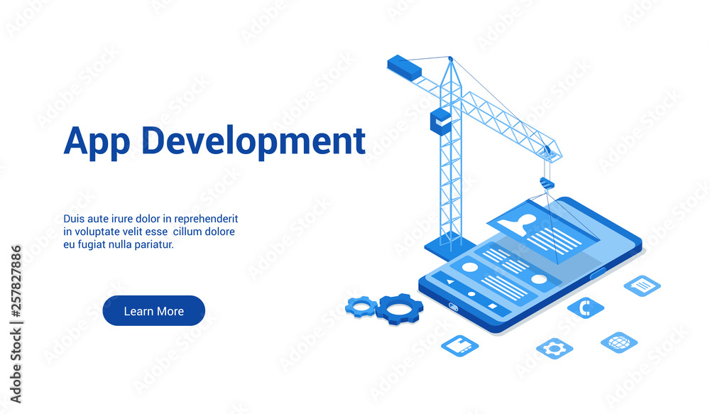 Poster isometric landing page template for application development. vector illustration mock-up for website