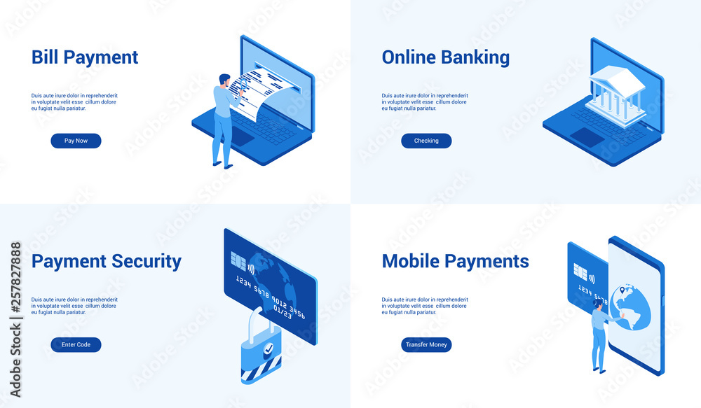 Poster isometric landing page templates for online banking. vector illustration mock-up for website and mob