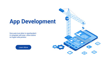 Isometric landing page template for application development. Vector illustration mock-up for website and mobile website