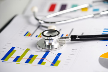 Stethoscope and US dollar banknotes on chart or graph paper, Financial, account, statistics and...