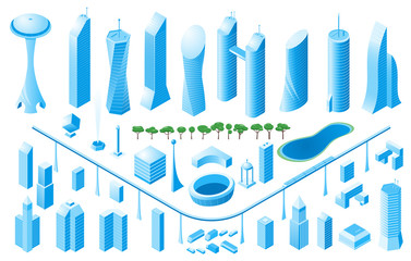 Isometric buildings set. Vector illustration of city with buildings, cars and trees