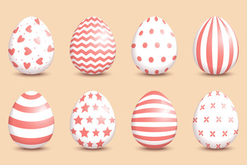 Set of realistic easter decorated eggs on coral background.
