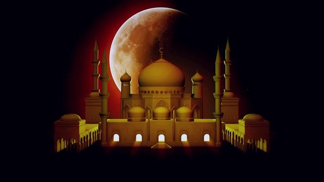Beautiful mosque and big rotating moon on night star sky. Ramadan Kareem islamic motion background. 3d animation.