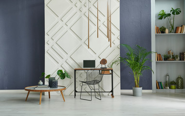 Home decor, interior, desk and table style with laptop.