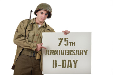 young American soldier shows a sign
