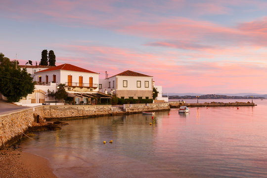 Houses in the harbor of Spetses, Greece. 
