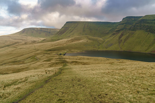 Clouds over Llyn y Fan Fach and Picws Du (Bannau Sir Gaer) in the Carmarthen Fans, Carmarthenshire, Wales, UK