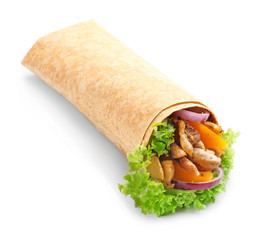 Tasty doner kebab on white background