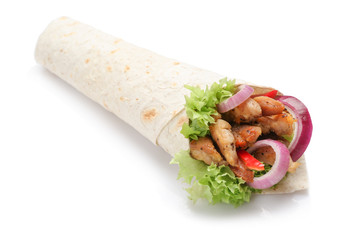 Tasty doner kebab on white background