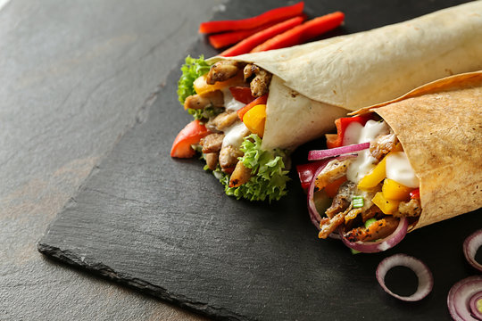 Tasty Doner Kebabs On Slate Plate