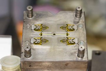 Close up plastic injection mold for mass production (manufacturing process for industrial work)