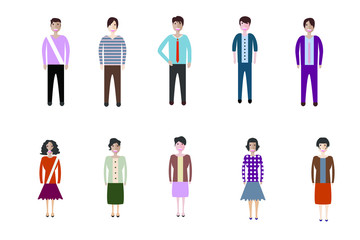 Young people, teenagers and students. Fashion man and woman in modern clothes. Different characters stay on white background