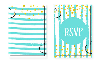 Wedding invitation set with dots and sequins. Bridal shower cards with gold glitter confetti.