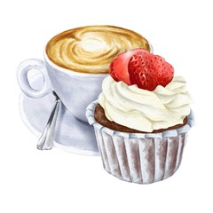 Hand drawn strawberry chocolate cupcake on watercolor paper isolated on white background. Delicious food illustration.