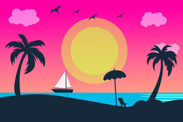 Sea panorama. Tropical beach. Summer landscape. Traval vacation and holidays concept. Vector background
