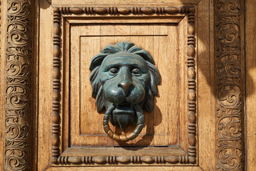 Carved wooden old door with a  lion head