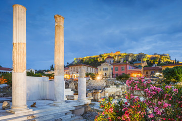 Remains of Hadrian's Library and Acropolis in the old town of Athens, Greece. 