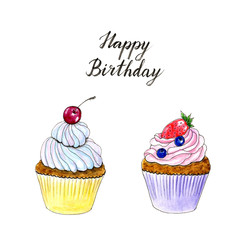Hand drawn watercolor two cupcakes card