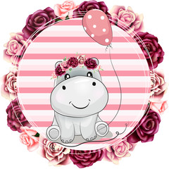cute hippo with beautiful watercolor floral birthday invitation card template