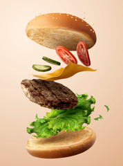 Delicious flying hamburger - obrazy, fototapety, plakaty