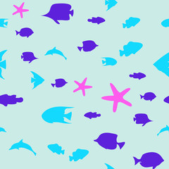 Underwater scene. Colorful fish groups in clean sea water. Seamless vector EPS 10 pattern.