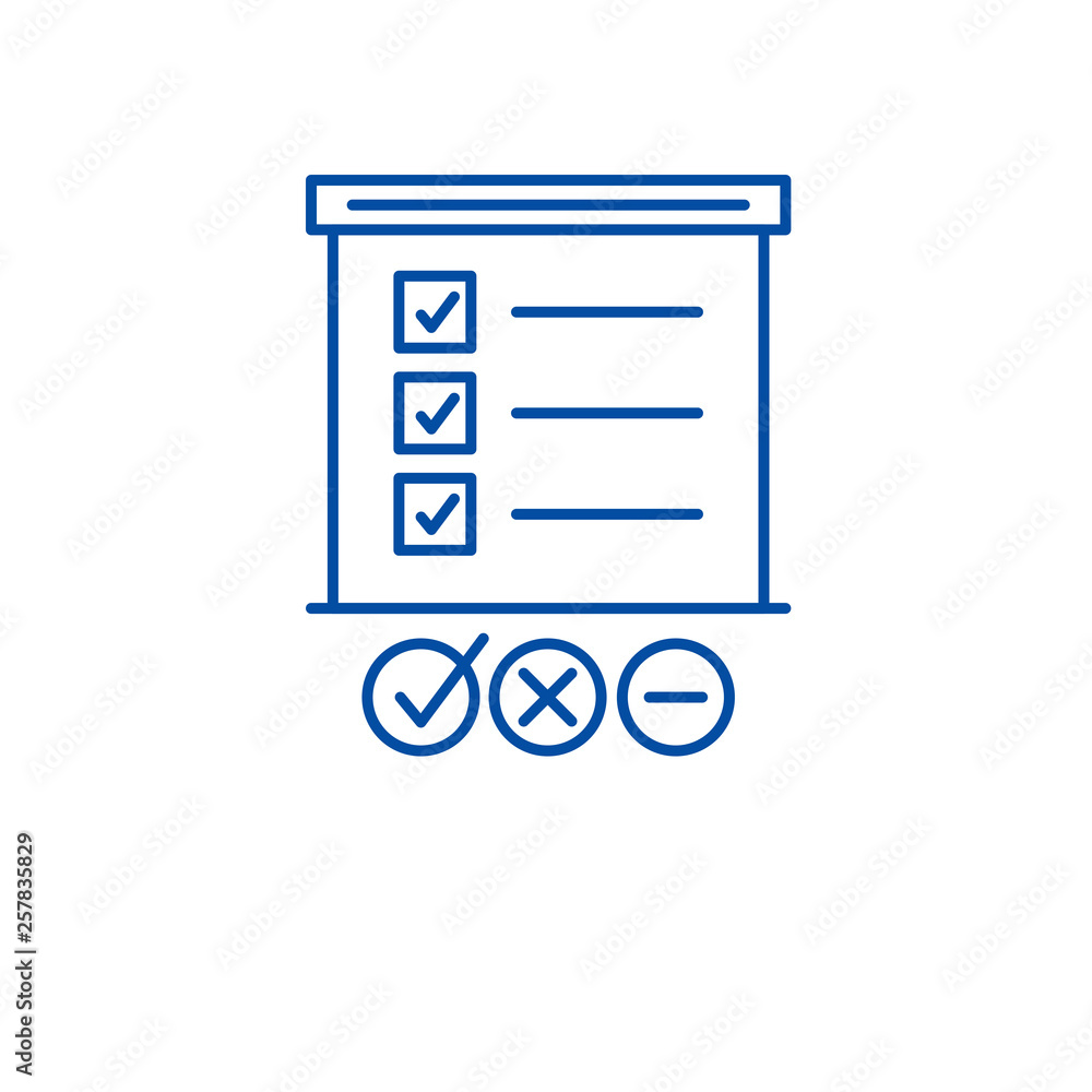 Poster survey list line concept icon. survey list flat vector website sign, outline symbol, illustration.