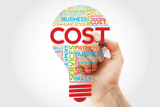 Cost bulb word cloud with marker, business concept