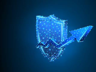 Security growth arrow on shield abstract neon 3d illustration. Polygonal Raster business concept of data, success protection . Low poly wireframe, triangle, lines, dots, polygons on blue background