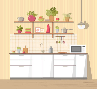 White cosy kitchen interior with furniture, sink, lamp and microwave oven, big shelf with different plant, dishes - teapot, pan, bowls, mugs, utensils. Modern flat style vector, isolated
