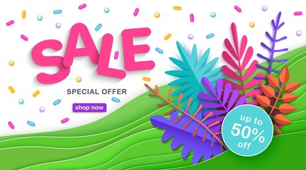 Obraz premium Spring and summer sale, bright advertising banner with colorful leaves, layered texture in the style of paper cutting, volumetric text, horizontal background, vector illustration