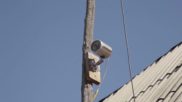 Professional security video camera on wooden pole outdoor