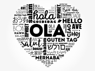 OLA (Hello Greeting in Portuguese) love heart word cloud in different languages of the world