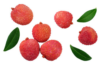 Fresh lychee with leaves isolated on white background. top view