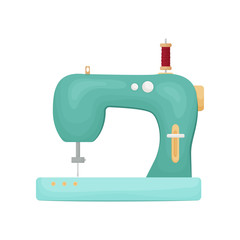 Retro designed model of sewing machine in green color isolated on white background