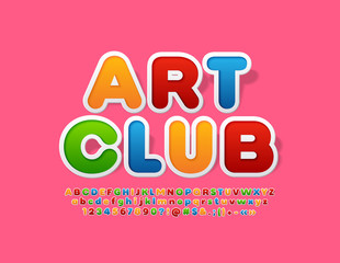 Vector colorful logo with text Art Club. Cute Alphabet Letters, Numbers and Symbols. Bright Funny Font for Children. 