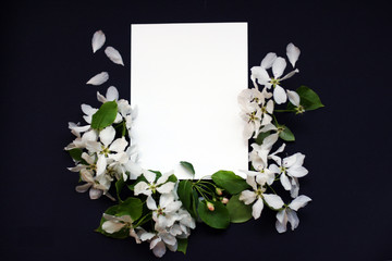 Top view background with flowers. Flowers composition.  Mockup card with plants. Mockup with postcard and flowers on dark background.