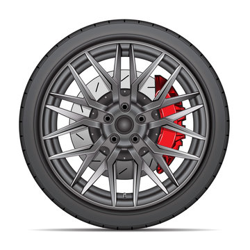 Realistic wheel alloy with tire radial and break disk for sport racing car on white background vector illustration.