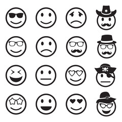  Emotion Icons. Black Flat Design. Vector Illustration. 