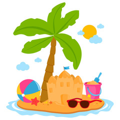 Summer vacation island with a palm tree and a sand castle. Vector illustration 
