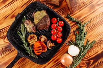 Roasted Beef Steak Juicy Mustard Sauce Flat Lay
